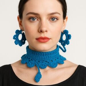 Hand Crafted Necklace and Earring Set Turquose Blue Handmade Floral Boho style